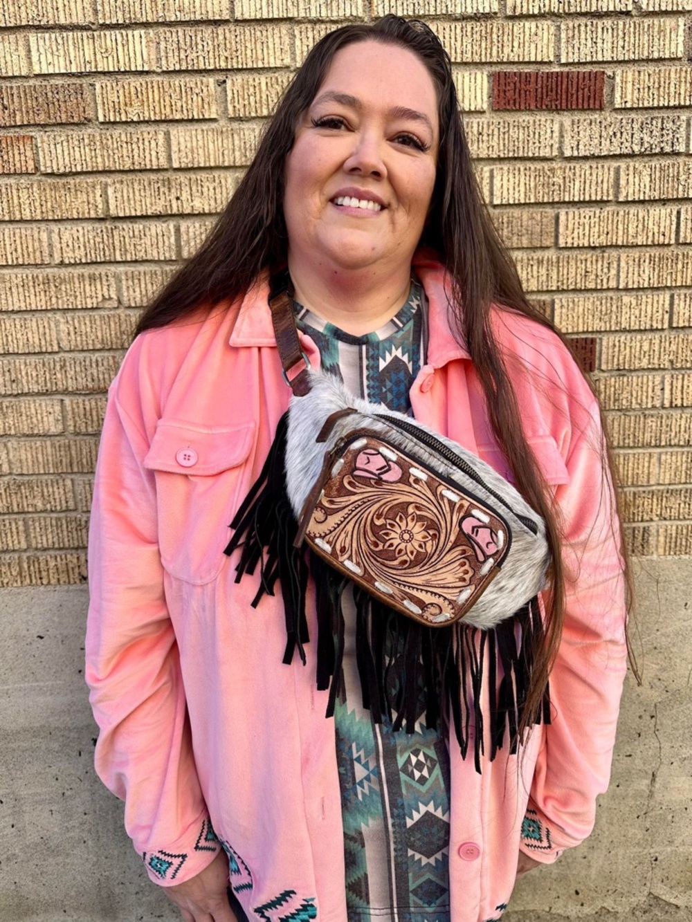 NEW Tooled Leather & Cowhide Pink Cowboy Hat Fringe Fanny Sling Bag